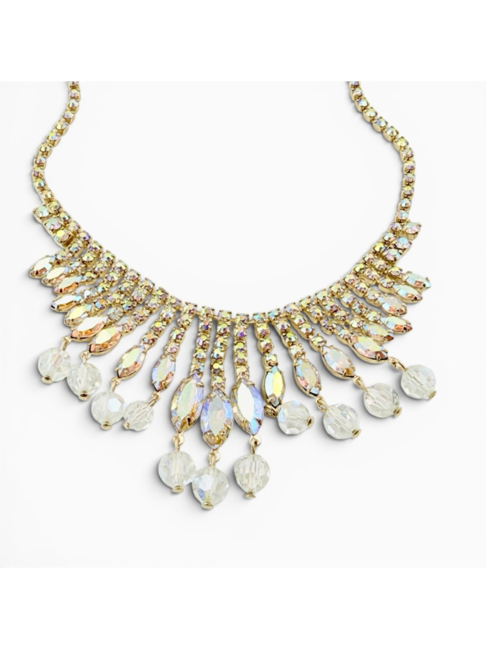 Vintage Aurora Borealis Rhinestone Necklace Gold Tone Fringe Bib Austrian Style - Picture 9 of 9